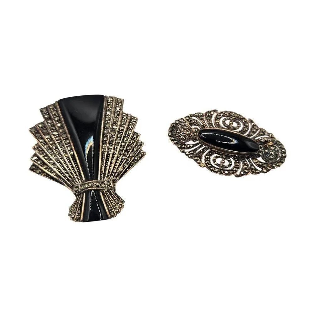 Vintage 90s Sterling Silver 925 Pins Brooches Lot 2 Marcasite Onyx